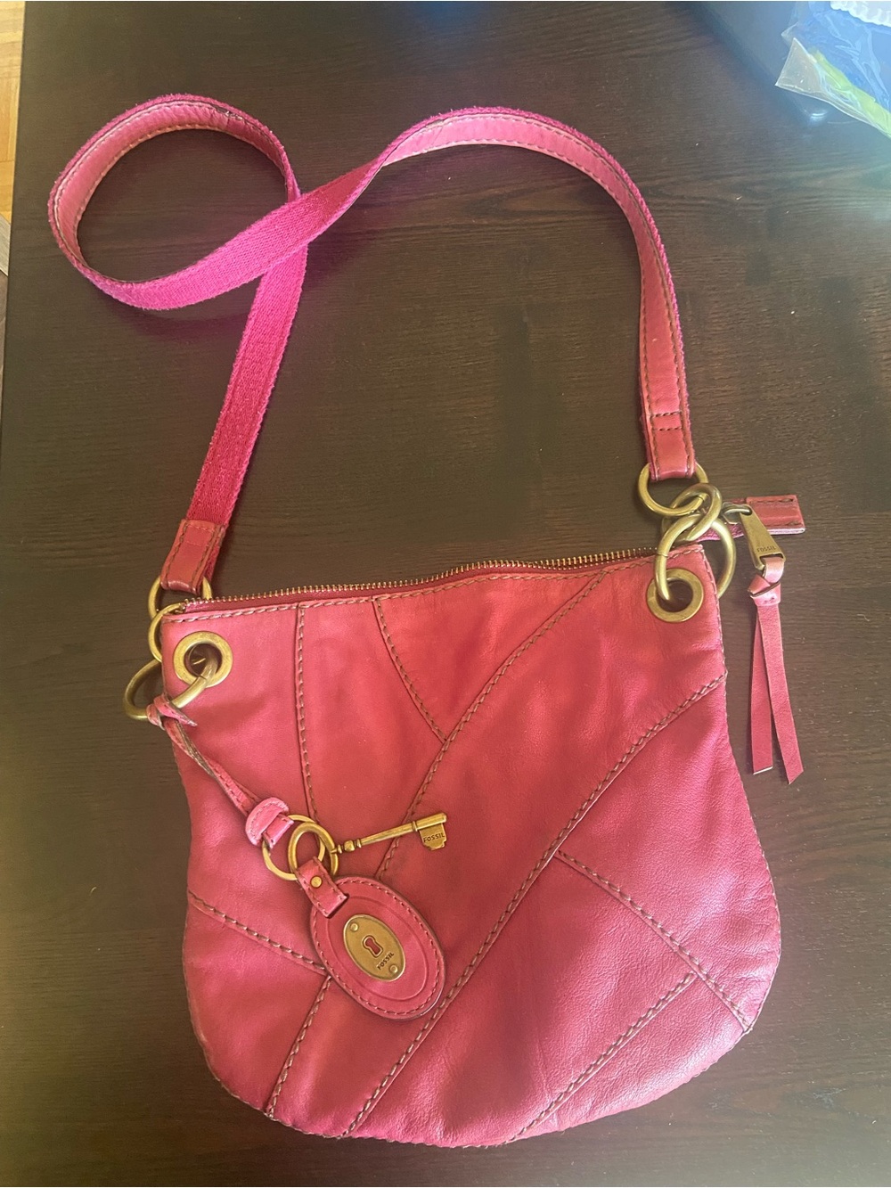 Fossil Pink Leather Patchwork Crossbody Bag Long Live Vintage Key Charm
